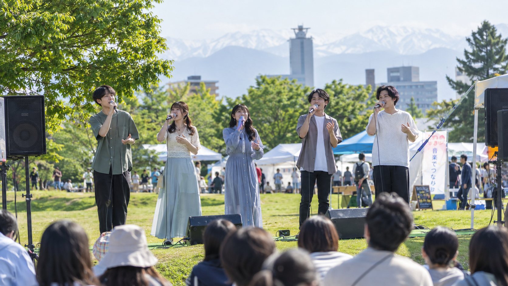 芝生の広場で歌うボーカルグループと観客